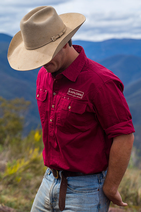 Mens Half Button Adventure Shirt - Maroon