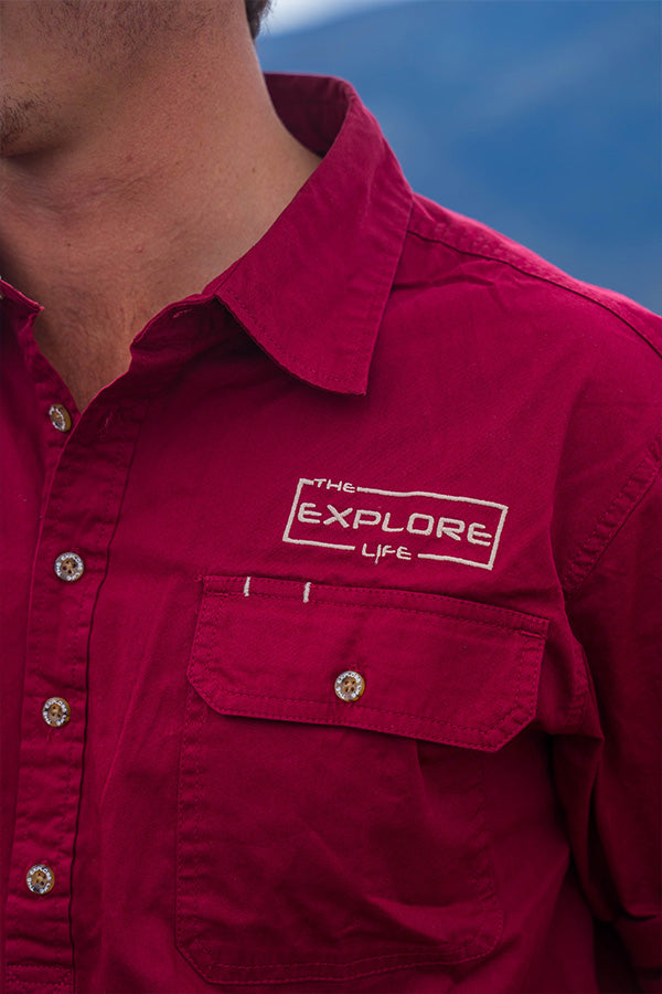 Mens Half Button Adventure Shirt - Maroon