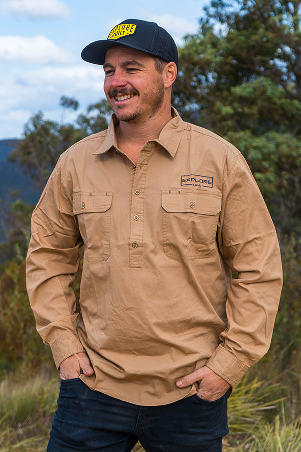 Mens Half Button Adventure Shirt - Clay