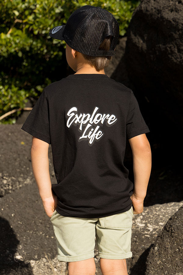 Kids Explore Life Script Tee - Black