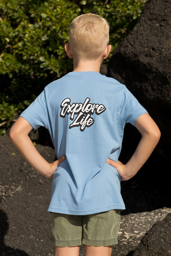 Kids Explore Life Script Tee - Carolina Blue