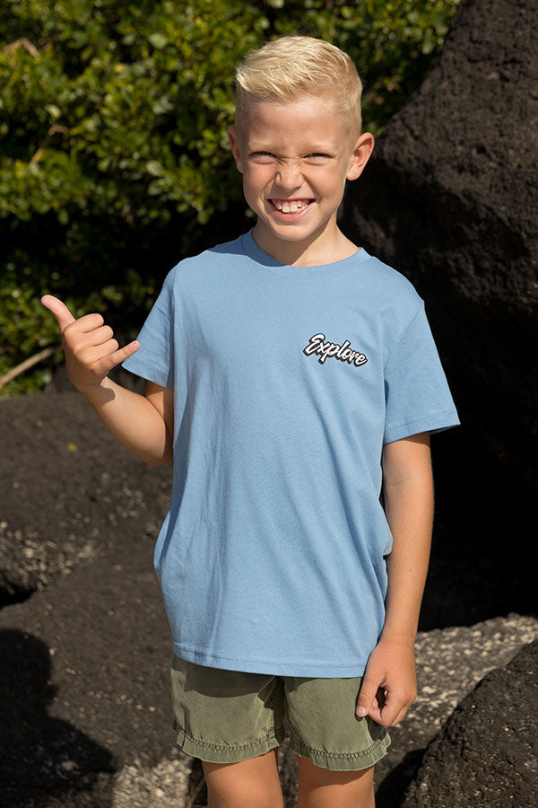 Kids Explore Life Script Tee - Carolina Blue