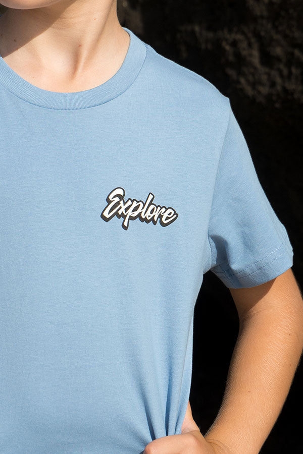 Kids Explore Life Script Tee - Carolina Blue
