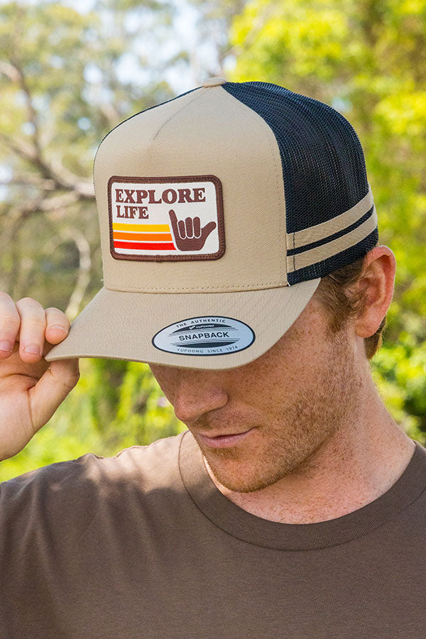 Explore Retro Shaka Patch Trucker Hat - Khaki/Black