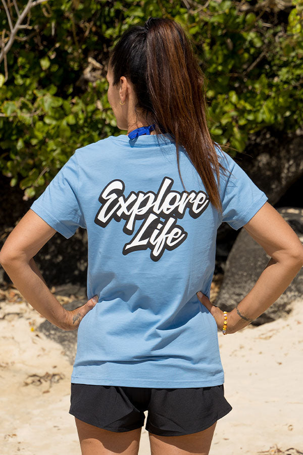 Women's Explore Life Script Tee - Carolina Blue