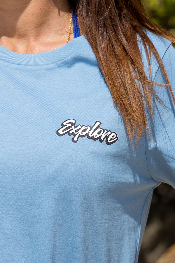 Women's Explore Life Script Tee - Carolina Blue
