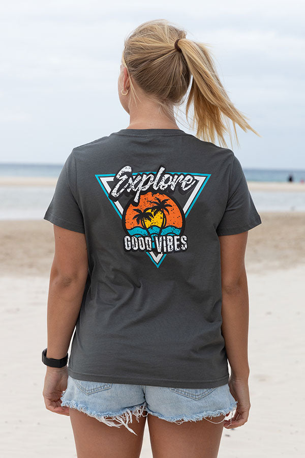Womens Good Vibes Triangle Tee - Charcoal