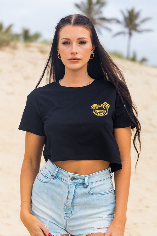 Explore Life - Womens Double Palm Tree Crop Tee - Black