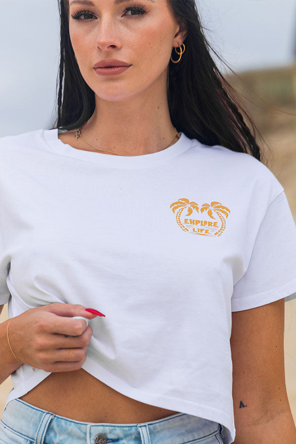 Explore Life - Womens Double Palm Tree Crop Tee - White