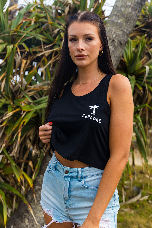 Explore Life - Womens Explore Palm Tree Crop Singlet - Black