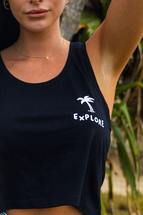 Explore Life - Womens Explore Palm Tree Crop Singlet - Black