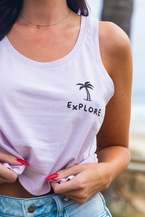Explore Life - Womens Explore Palm Tree Crop Singlet - Lilac