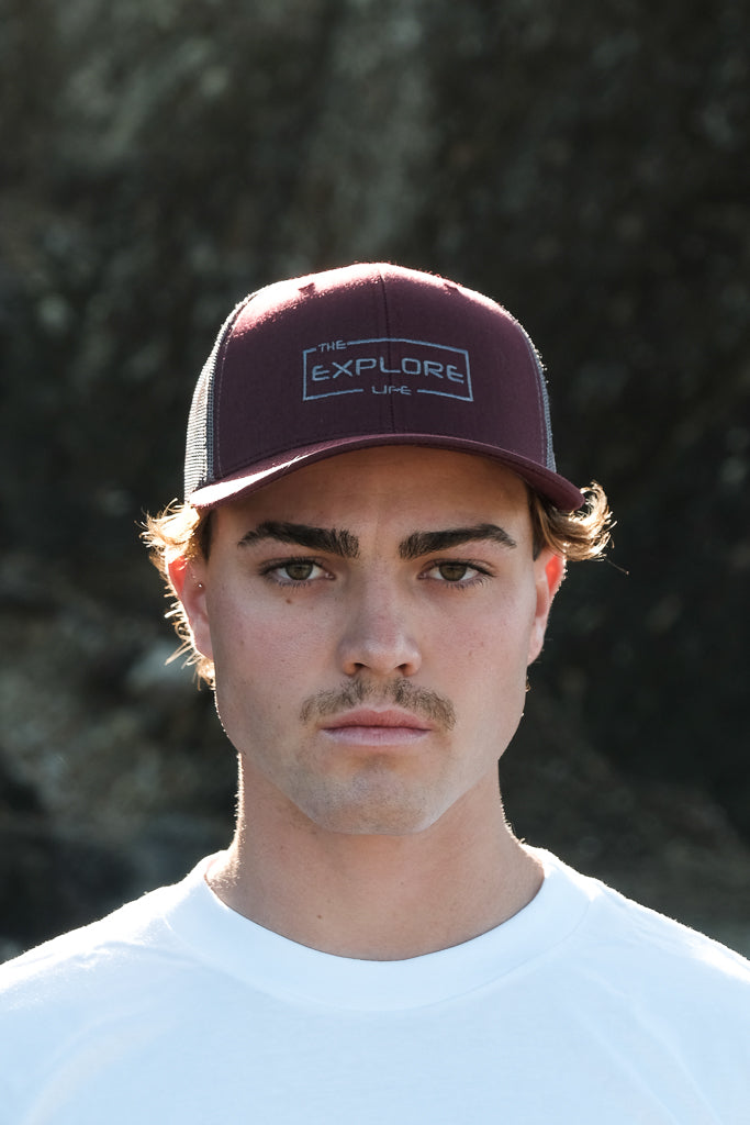 Explore Curved Trucker Hat - Maroon/Grey