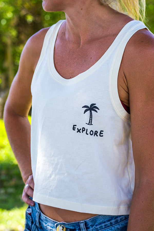 Explore Life - Womens Explore Palm Tree Crop Singlet - Yellow