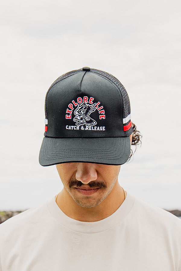 Explore Catch & Release Trucker Hat - Black/Red/White