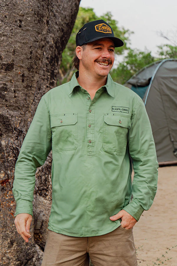 Mens Half Button Adventure Shirt - Cactus