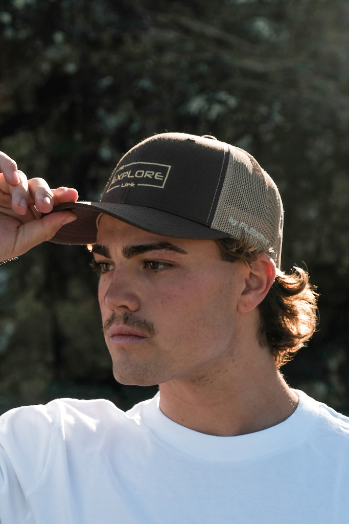 Explore Curved Trucker Hat - Brown/Khaki