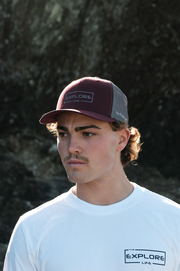 Explore Curved Trucker Hat - Maroon/Grey