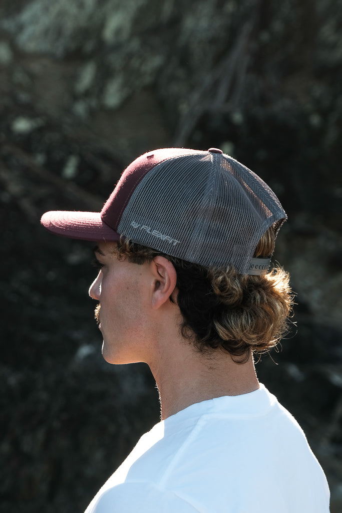 Explore Curved Trucker Hat - Maroon/Grey