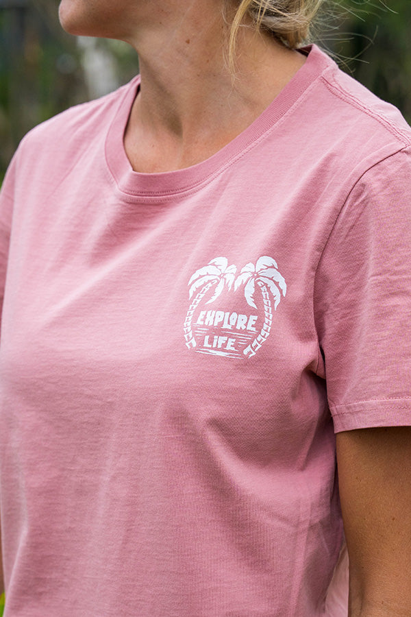 Explore Life - Womens Double Palm Tree Tee - Faded Rose